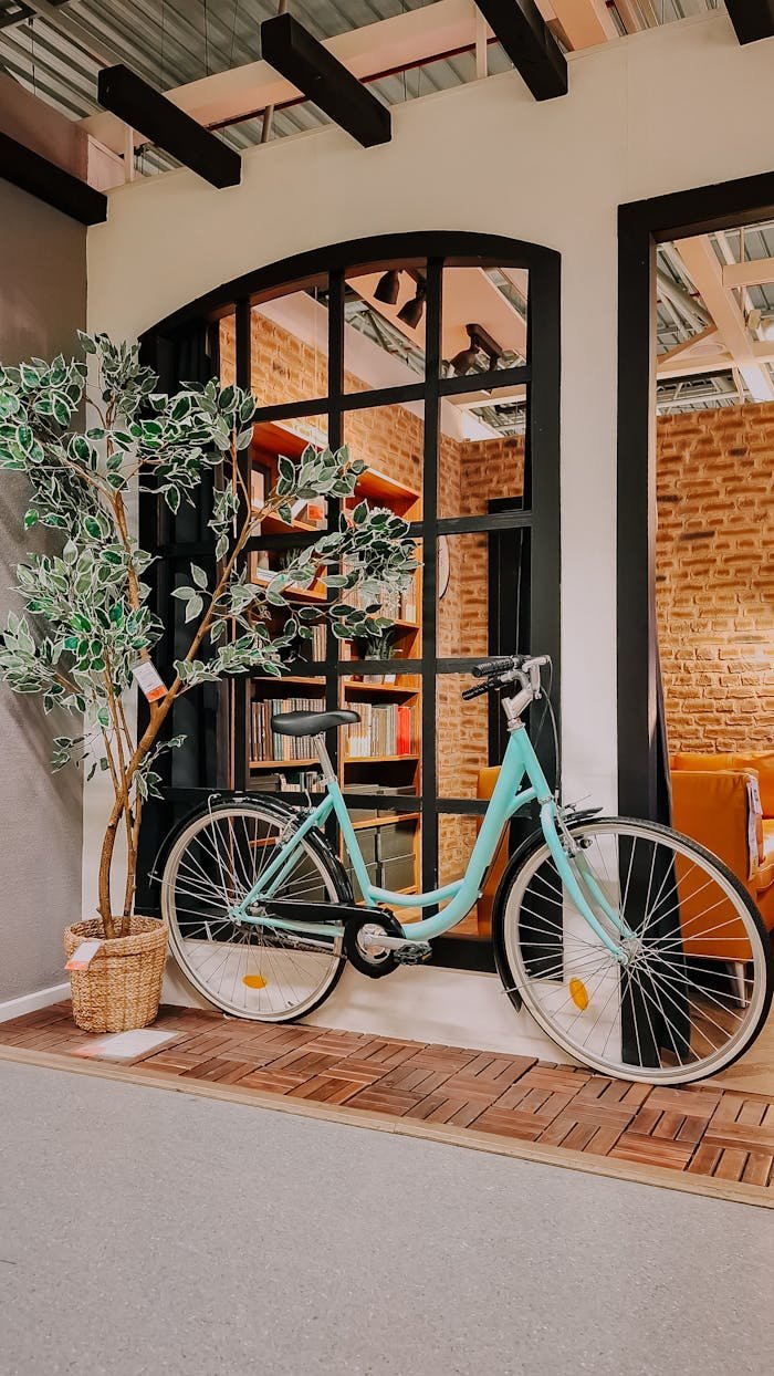 A vintage bicycle placed indoors next to a large window in sunny İstanbul, Türkiye.